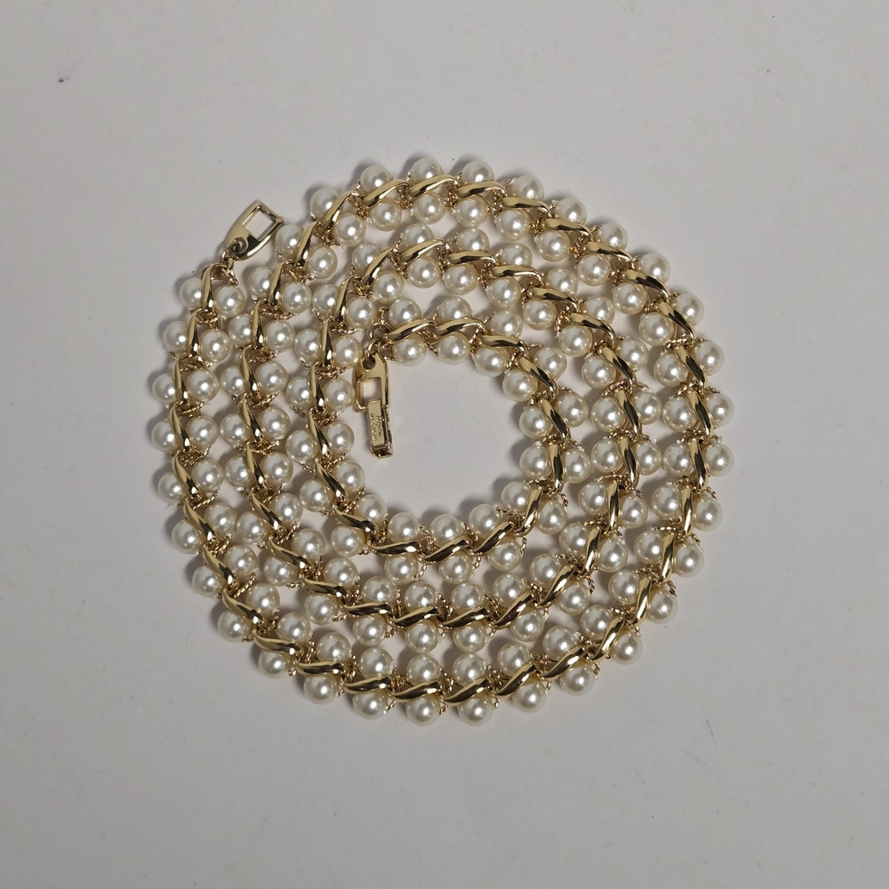 Vntg Napier Gold & Double Row Pearl Necklace w/Fold Over Clasp EUC 25" - Picture 5 of 6